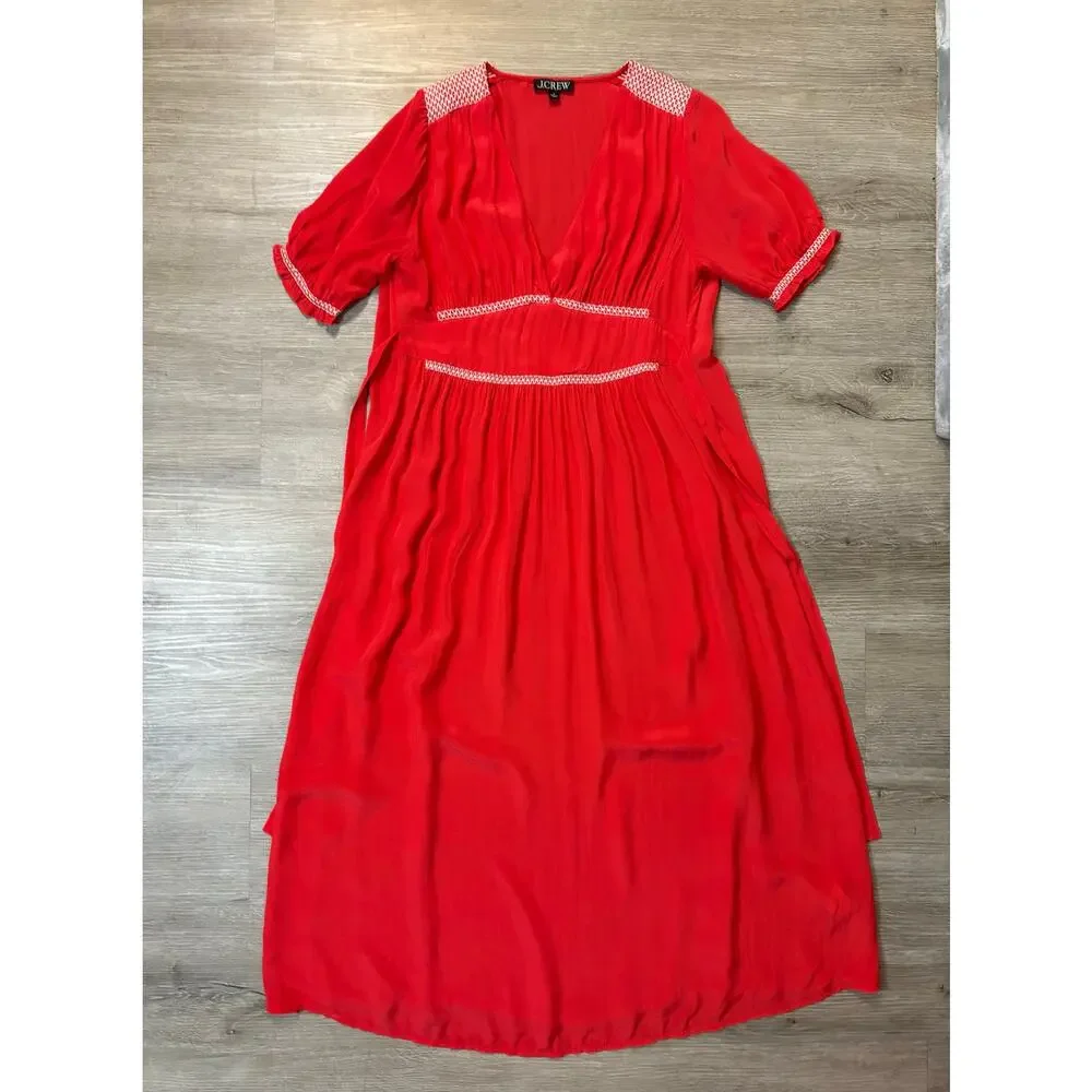 J.CREW 2025 Smocked Trim Midi Dress Crepe de Chine Red 8 M Peasant Boho Feminine